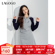 LAGOGO撞色插肩袖連衣裙女拉谷谷春秋新款刺繡顯瘦連帽衛(wèi)衣裙 灰藏青(RM) S