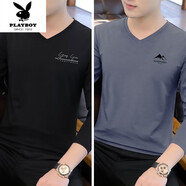 花花公子（PLAYBOY）新疆純棉長袖t恤男秋季內(nèi)搭打底衫男士上衣服潮牌男裝V領(lǐng)體恤外穿 08-3202黑色+3052藍(lán)灰 M 【建 議：85至100斤】