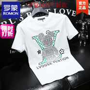 羅蒙（ROMON）新款高端休閑歐洲站T恤男短袖春夏季新款修身圓領(lǐng)燙鉆半袖男士T恤 白色 3XL 160-170斤