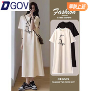 DGOV慵懶風(fēng)短袖連衣裙女2025新款夏裝棉質(zhì)中長(cháng)款過(guò)膝t恤裙夏季長(cháng)裙子 杏色KO貓 L 建議100-115斤