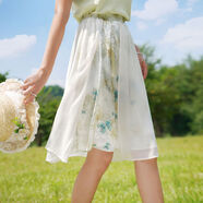 ATAR國風(fēng)蝴蝶雪紡半身裙2025夏女裝新款松緊腰拼接飄逸短裙子 Q5328米杏-半身裙 S S