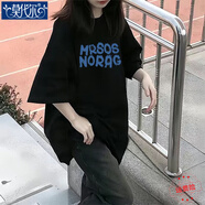 莫代爾冰絲短袖t恤女2025夏季新款寬松女裝韓版寬松ins中長款上衣服潮流 黑色【MRSOS藍】短袖 2XL 建議150-170斤