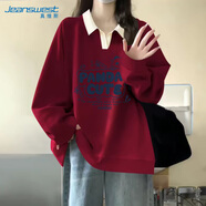 真維斯（JEANSWEST）衛衣女秋冬新款2025Polo領(lǐng)學(xué)院風(fēng)印花寬松外套小個(gè)子薄款上衣服