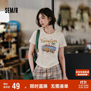 森馬（Semir）短袖T恤女短款設(shè)計感印花復(fù)古夏季正肩修身上衣107424100004