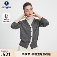 Navigare意大利小帆船純羊毛女士毛衣秋冬寬松V領(lǐng)開(kāi)衫假兩件保暖羊毛衫女 暗巖灰/白 L