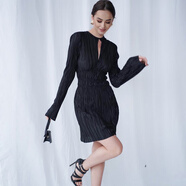 HUALIN FASHION2025秋裝法式長袖A字連衣裙女鏤空小黑裙歐美女裝 黑色 L