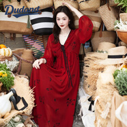 Dudant奢侈高檔品牌秋季女紅色沙灘裙絕美度假風(fēng)小個(gè)子云南大理法式長(cháng)裙 玫瑰深紅 S