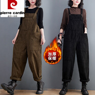 皮爾卡丹（pierre cardin）燈芯絨背帶褲女秋冬寬松大碼復古工裝大口袋吊帶連體褲哈倫長(cháng)褲子 軍綠色 L 建議110-125斤