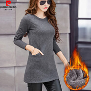 皮爾卡丹（pierre cardin）秋冬季加絨加厚中長(cháng)款保暖上衣修身包臀打底衫大碼長(cháng)袖純棉t恤女 9066深灰色加絨 圓領(lǐng)有口袋 M 建議80-90斤
