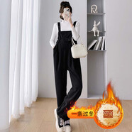 依鎏衣品秋冬純棉燈芯絨孕婦裝背帶褲可調(diào)節(jié)加絨加厚保暖吊帶長褲毛衣套裝 黑色（加絨）+白毛衣/套裝 M適合90-115斤