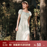 森馬（Semir）連衣裙女開叉泡泡袖中長(zhǎng)裙夏方領(lǐng)雪紡碎花裙浪漫109324114014