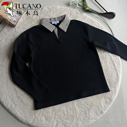 TUCANO美式拼接重磅衛衣男士高街v領(lǐng)polo衫男款抗皺長(cháng)袖t恤外套打底衫 黑色 L 120-135斤