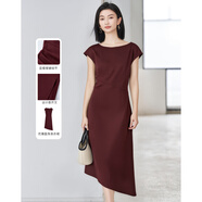 米思陽(yáng)（missshine）2025夏季新款設計感不規則下擺連衣裙氣質(zhì)優(yōu)雅顯瘦絲麻裙子 紅咖色現貨直發(fā) S