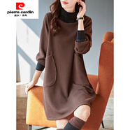 皮爾卡丹（pierre cardin）時(shí)尚氣質(zhì)高領(lǐng)連衣裙女秋冬季顯瘦新款長(zhǎng)袖寬松遮肉洋氣過(guò)膝中長(zhǎng)裙 咖色 M 建議90-105斤