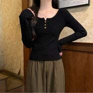 花語(yǔ)志 長(cháng)袖上衣針織衫女打底衫2025秋冬新款修身內搭女可外穿打底毛衣 圓領(lǐng)紐扣針織長(cháng)袖【黑色】 均碼 【建議85-125斤】