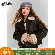 妖精的口袋仿羊羔毛拼接復(fù)古咖色皮衣女24冬新款學(xué)院風(fēng)高級感外套 曜石黑色 S