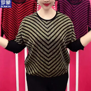 羅蒙（ROMON）蝙蝠衫媽媽裝春秋加肥加大碼條紋針織打底衫洋氣百搭時(shí)尚短款上衣 金色 5XL 160-170斤