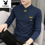 花花公子（PLAYBOY）秋冬半高領(lǐng)打底衫男士中領(lǐng)繡花長(cháng)袖高質(zhì)量棉T恤修身秋季男裝潮流. 藏青色+S666【棉V領(lǐng)】 M 建議105-120斤