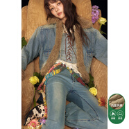 CHUU【沈月同款】磨白牛仔棉服女2025冬新品仿毛領(lǐng)拼接夾棉棉衣短外套 中牛仔藍2 均碼