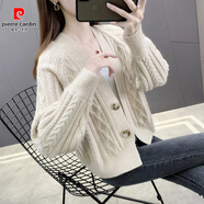 皮爾卡丹針織開襟女毛衣春季和秋季2025新韓國風(fēng)格寬松高腰短外衣為小個(gè)子 杏色. 2XL