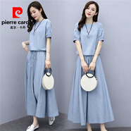 皮爾卡丹（pierre cardin）棉麻連衣裙兩件套2025年夏裝新款女裝遮肚子顯瘦長(cháng)裙短袖套裝裙子 淺藍色 XL 【建議穿115-130斤】