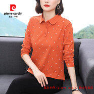皮爾卡丹（pierre cardin）斷碼撿漏·2025秋季媽媽簡約上衣休閑寬松型長袖娃娃領(lǐng)波點(diǎn)舒適T 橘色 M