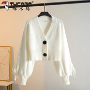 啄木鳥(niǎo)（TUCANO）小香風(fēng)V領(lǐng)針織開(kāi)衫外套女春秋款大碼胖mm顯瘦燈籠袖上衣短款毛衣 白色 S