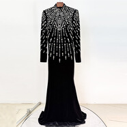 品質(zhì)現(xiàn)貨晚禮服長(zhǎng)裙2025秋冬明星重工釘珠鑲鉆金絲絨長(zhǎng)款連衣裙 黑色 S