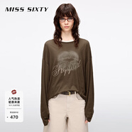MISS SIXTY2025夏季新款長袖T恤女圓領(lǐng)寬松中長款復(fù)古印花上衣 烏木棕 L