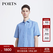 PORTS男裝夏季時尚梭織舒適型短袖休閑襯衫MD8B224PFM001 BLUE CHECK S