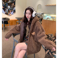 小熊耳朵羊羔毛衛衣女開(kāi)衫拉鏈秋冬季新款毛顆粒慵懶風(fēng)外套女 咖啡色【帶胸針】 2XL