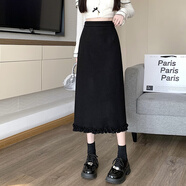 AC-AICHEN直筒毛呢A字裙半身裙女秋冬2025新款高腰包臀裙中長(cháng)款半裙長(cháng)裙潮 黑色 S