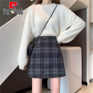 皮爾卡丹（pierre cardin）毛呢格子半身裙2025新款中長(cháng)款秋冬女大碼A字包臀短裙小個(gè)子高腰 灰黑格短款(內有防走光) S (尺碼稍微偏大)