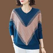 夏典素訂女王（SE.PSTP）遮肚上衣藏肉打底蝙蝠衫V領(lǐng)春秋針織衫女寬松大碼薄款胖媽媽t恤秋 霧藍 XL 建議120-130斤