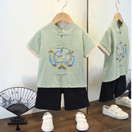 微愛(ài)的小松鼠（weiaidexiaosongshu） 漢服男童 新款中國風(fēng)童裝棉麻短袖垮褲套裝夏季男童套裝 1234 2791 藍龍藍鳳套裝豆綠色 100 cm