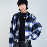 木果果木2025秋季新款時(shí)尚格紋拉鏈口袋設(shè)計(jì)寬松短款連帽外套女 藍(lán)黑格 均碼