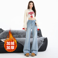 包郵2025秋冬裝新款加絨加厚彈力喇叭褲寬松休閑裝牛仔褲微喇叭褲 淺藍色長(cháng)褲加絨 XS