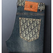 OLOEY牛仔褲男秋季新款彈力高端復(fù)古修身深藍(lán)色百搭小直腳男褲休閑長褲 深藍(lán)色 28