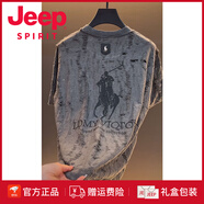 JEEP SPIRIT美式輕奢休閑男裝上衣2025夏季新款設計感字母破洞寬松短袖T 灰色 M (80-120斤)