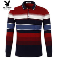 花花公子（PLAYBOY）新款純棉男士秋季長(zhǎng)袖t恤男中青年男裝長(zhǎng)袖條紋POLO衫上衣男 302紅色 M /48 建議125斤內(nèi)