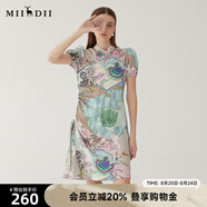謎底新中式連衣裙短袖2024夏款復古印花國風(fēng)旗袍裙抽繩246ML7026 淺紫花 L