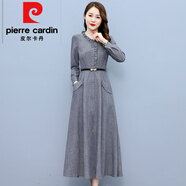皮爾卡丹（pierre cardin）精致棉麻長(zhǎng)袖連衣裙女2025新款秋冬裙子?jì)寢寱r(shí)尚氣質(zhì)亞麻長(zhǎng)裙女裝 灰色 M