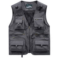 步行龍男裝馬甲多口袋記者攝影背心釣魚(yú)薄款休閑馬夾8188 灰色 薄款 L (適合125斤-140斤)
