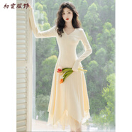 美安嘉法式大碼胖MM內搭打底修身針織不規則裙擺設計感遮肉連衣長(cháng)裙秋冬 杏色【假兩件】 S