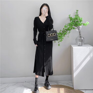 木清清V領(lǐng)寬松針織連衣裙長(cháng)裙女2023秋冬新款韓版配大衣內搭打底毛衣裙 黑色(配腰帶) S 建議80-90體重