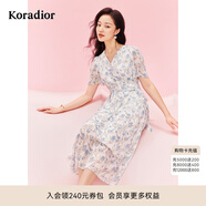 珂萊蒂爾[瑰麗小蠻腰]夏通勤茶歇印花優(yōu)雅氣質(zhì)獨特連衣裙 淡藍 L