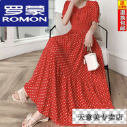 羅蒙（ROMON）超仙棉綢連衣裙時(shí)尚方領(lǐng)大擺碎花長(cháng)裙波西米亞收腰顯瘦度假沙灘裙 紅底波點(diǎn) 2XL 120-130斤