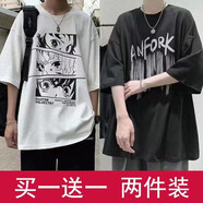 嘉曄（JIAYE）短袖t恤男學生夏季新款上衣寬松ins百搭潮流韓版半袖男女情侶裝 漫畫少女白+FO黑 2XL