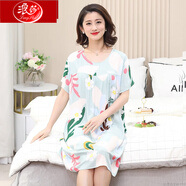 浪莎中老年媽媽睡裙女夏棉綢薄款睡衣女夏款可外穿家居服寬松連衣裙 LM短袖裙冰爽花朵藍色 均碼 【好質(zhì)量】