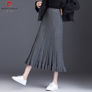 皮爾卡丹（PIERRE CARDIN）針織半身裙女秋冬新款中長款高腰Aa字裙毛線大擺裙韓版百褶裙長裙 深灰色 S 80-95斤